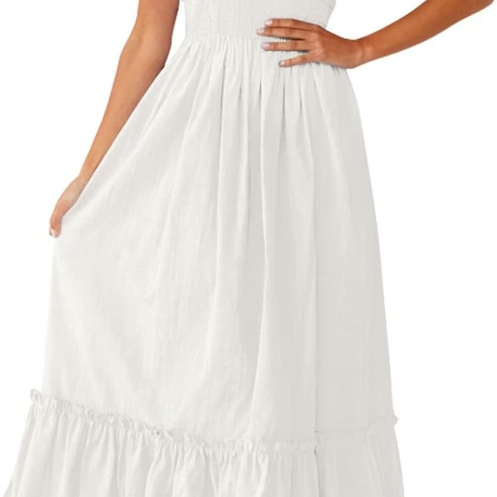 Women's 2025 Summer Boho Spaghetti Strap Square Neck Solid Color Ruffle A Line B
